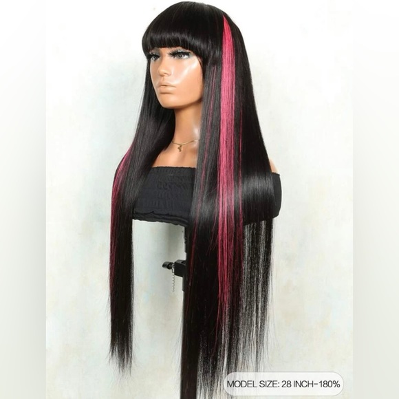Straight Human 180% Density Hair Wig With Bangs 22 inches - Picture 2 of 4